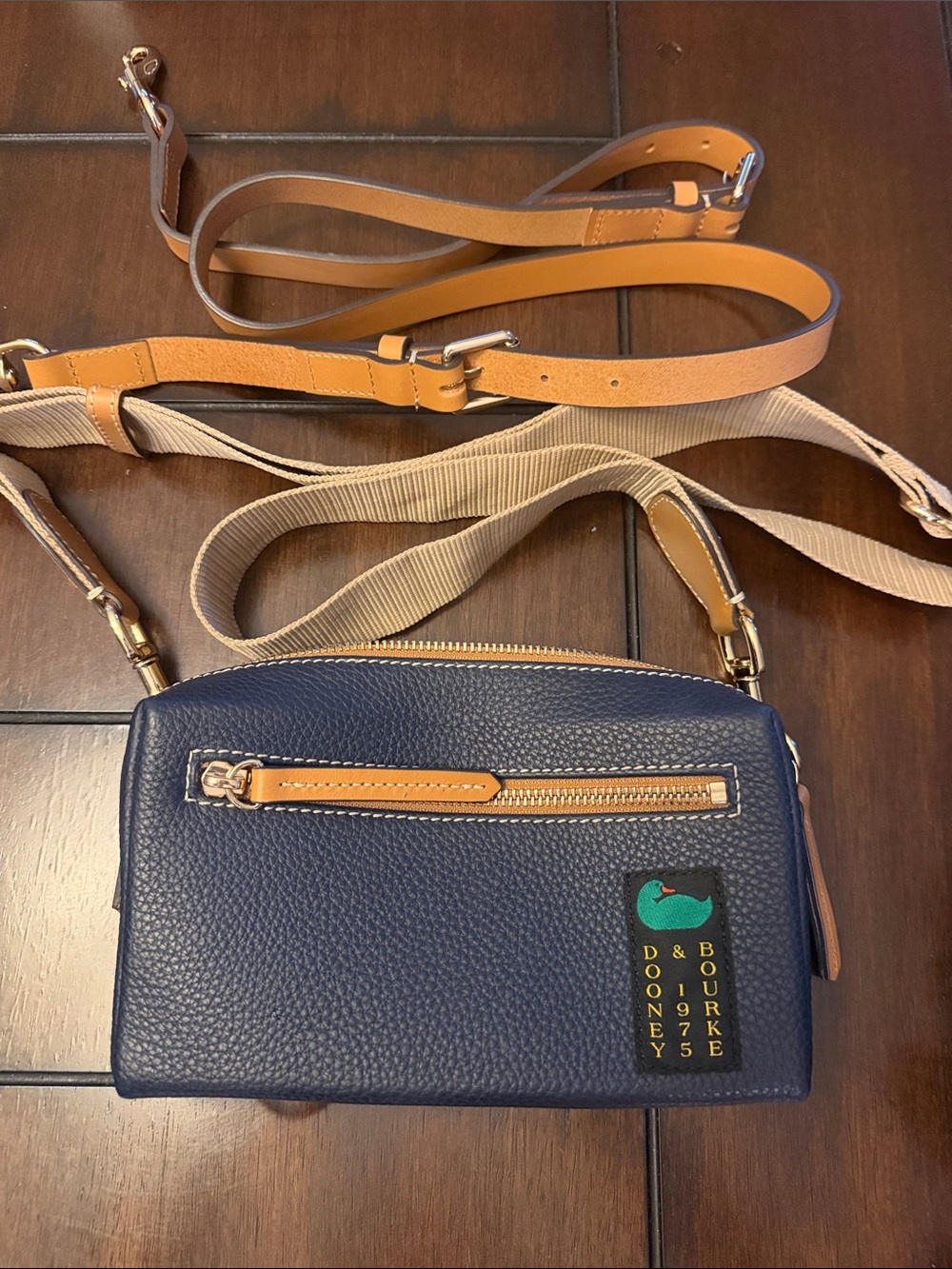 Dooney & Bourke Navy Pebbled Leather Crossbody with Tan Straps